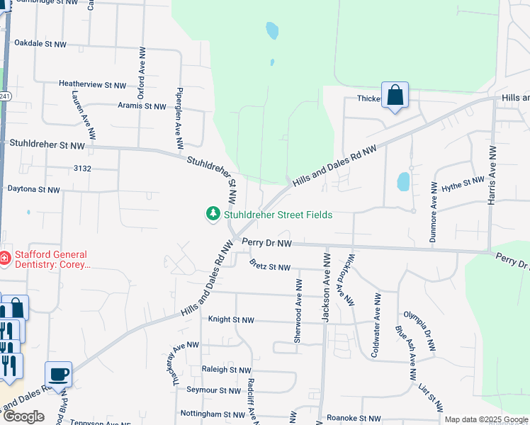 map of restaurants, bars, coffee shops, grocery stores, and more near 3652 Perry Drive Northwest in Massillon