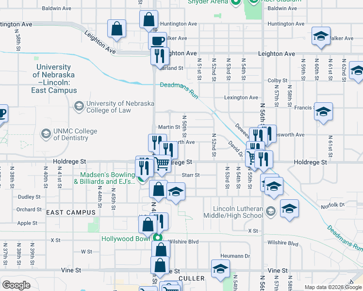 map of restaurants, bars, coffee shops, grocery stores, and more near 1510 North 50th Street in Lincoln