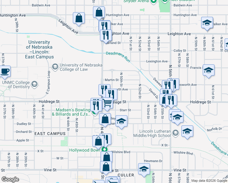 map of restaurants, bars, coffee shops, grocery stores, and more near 1535 North 49th Street in Lincoln
