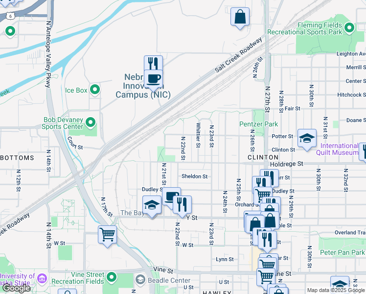 map of restaurants, bars, coffee shops, grocery stores, and more near 1511 North 22nd Street in Lincoln