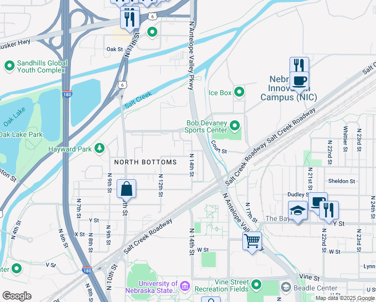 map of restaurants, bars, coffee shops, grocery stores, and more near 1321 Court Street in Lincoln