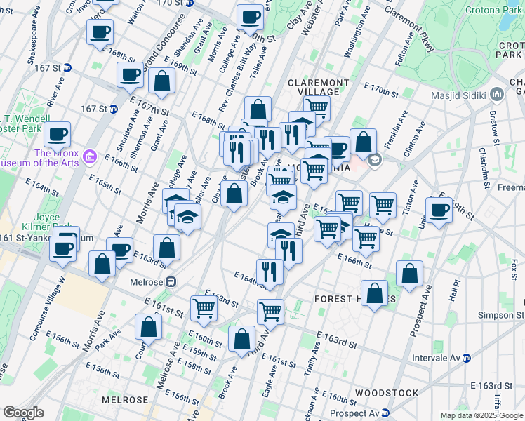 map of restaurants, bars, coffee shops, grocery stores, and more near 3414 Park Avenue in The Bronx