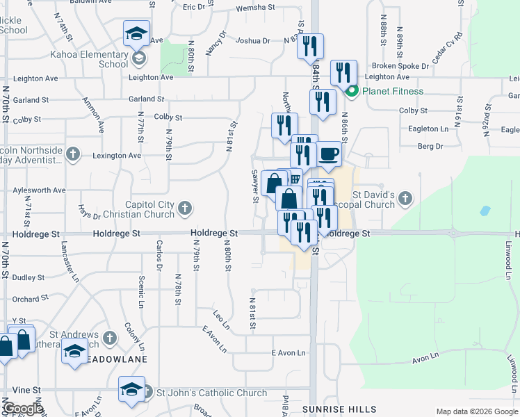 map of restaurants, bars, coffee shops, grocery stores, and more near 8222 Holdrege Street in Lincoln