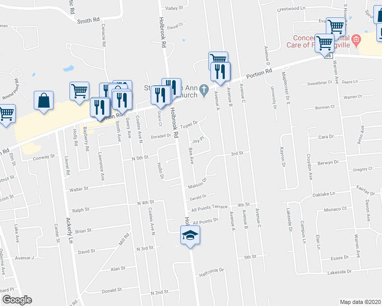 map of restaurants, bars, coffee shops, grocery stores, and more near 18 Bea Avenue in Ronkonkoma