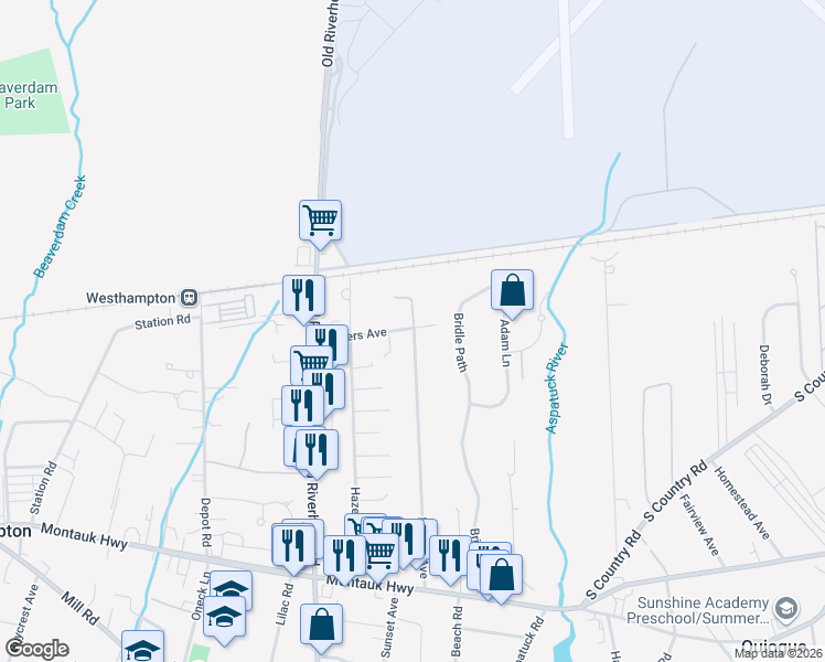 map of restaurants, bars, coffee shops, grocery stores, and more near 69 Rogers Avenue in Westhampton Beach