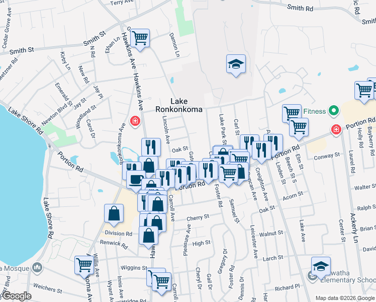 map of restaurants, bars, coffee shops, grocery stores, and more near 11 Gatelot Avenue in Lake Ronkonkoma