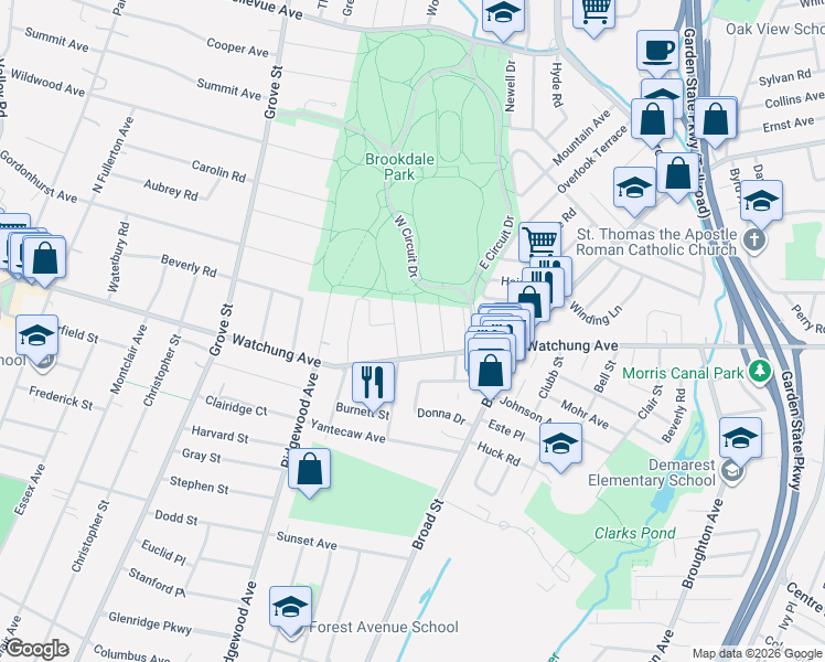 map of restaurants, bars, coffee shops, grocery stores, and more near 509 Watchung Avenue in Bloomfield