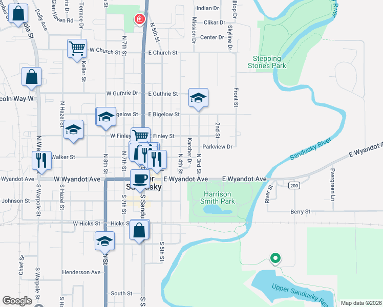 map of restaurants, bars, coffee shops, grocery stores, and more near 150 North 3rd Street in Upper Sandusky