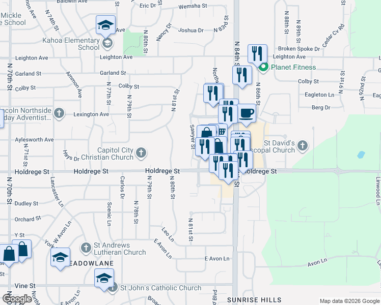 map of restaurants, bars, coffee shops, grocery stores, and more near 8222 Holdrege Street in Lincoln