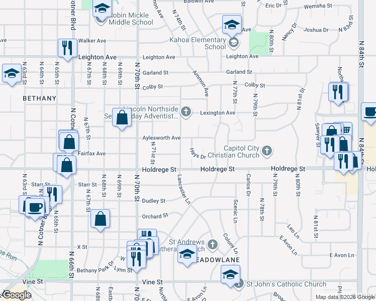 map of restaurants, bars, coffee shops, grocery stores, and more near 7300 Holdrege Street in Lincoln
