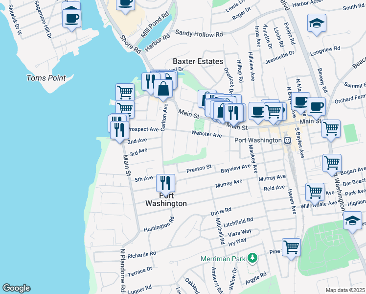 map of restaurants, bars, coffee shops, grocery stores, and more near 20 Adams Street in Port Washington