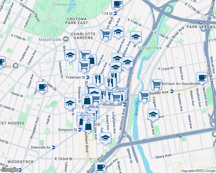map of restaurants, bars, coffee shops, grocery stores, and more near in The Bronx
