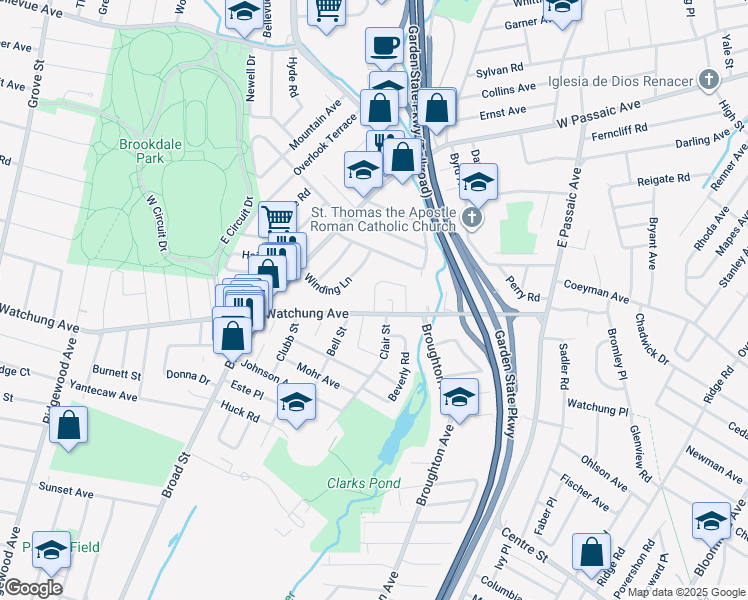 map of restaurants, bars, coffee shops, grocery stores, and more near 238 Watchung Avenue in Bloomfield