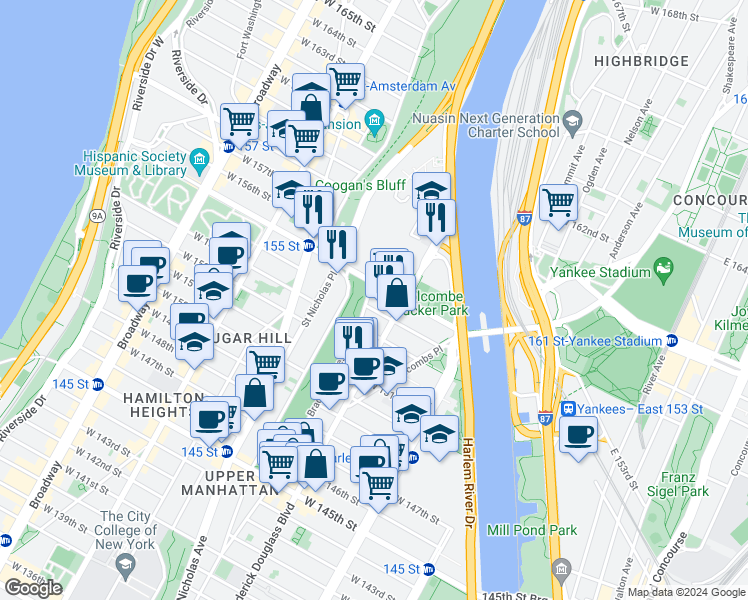 map of restaurants, bars, coffee shops, grocery stores, and more near 246 Bradhurst Avenue in New York