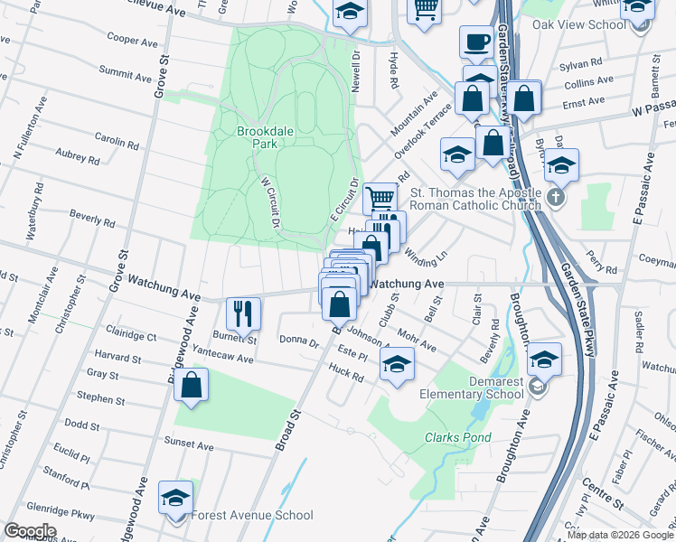 map of restaurants, bars, coffee shops, grocery stores, and more near 1072 Broad Street in Bloomfield