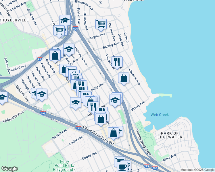 map of restaurants, bars, coffee shops, grocery stores, and more near 737 Throgs Neck Expressway in Bronx