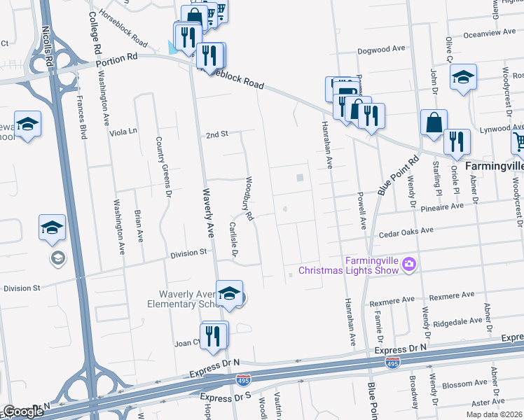 map of restaurants, bars, coffee shops, grocery stores, and more near 3 Alamo Drive in Farmingville