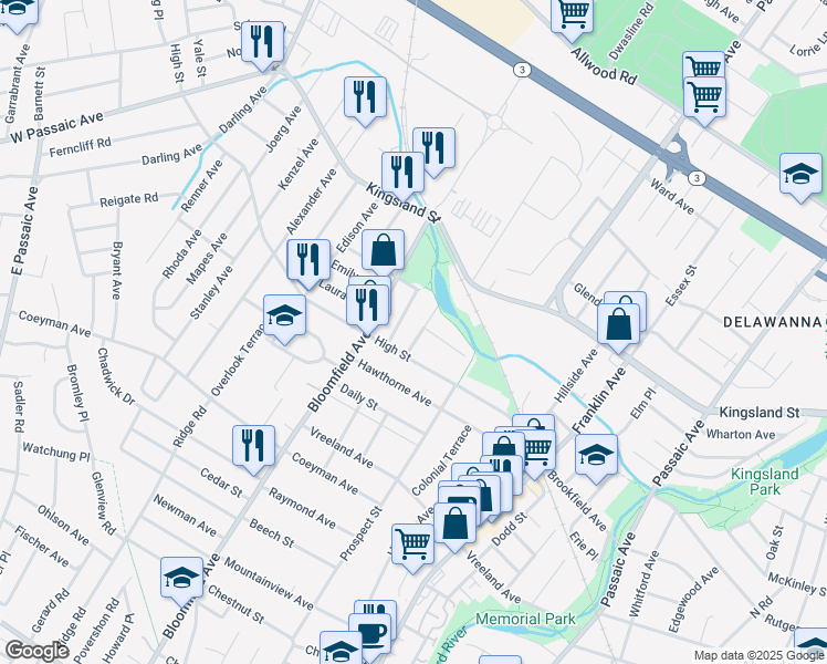 map of restaurants, bars, coffee shops, grocery stores, and more near 19 Lake Street in Nutley