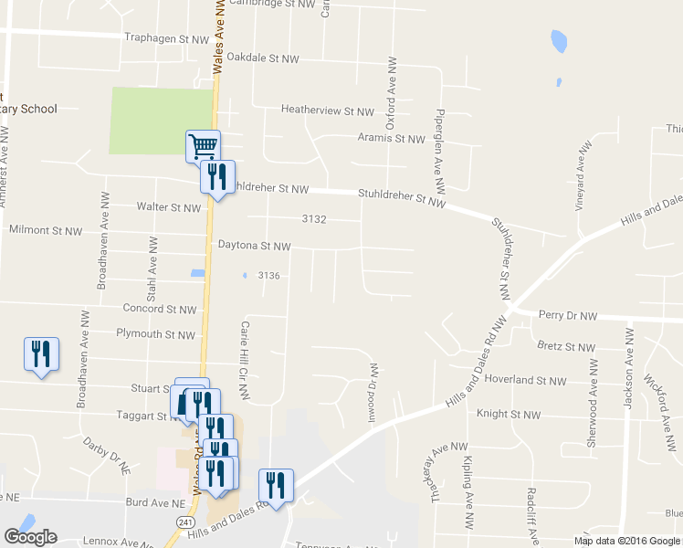 map of restaurants, bars, coffee shops, grocery stores, and more near 3290 Delray Avenue Northwest in Massillon