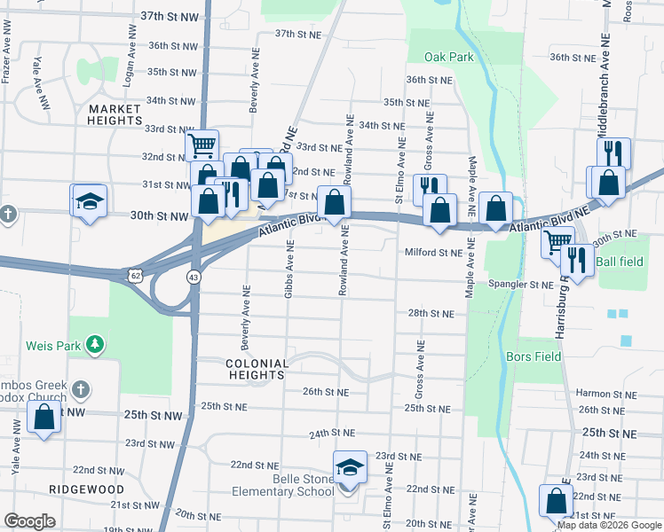 map of restaurants, bars, coffee shops, grocery stores, and more near 1215 29th Street Northeast in Canton