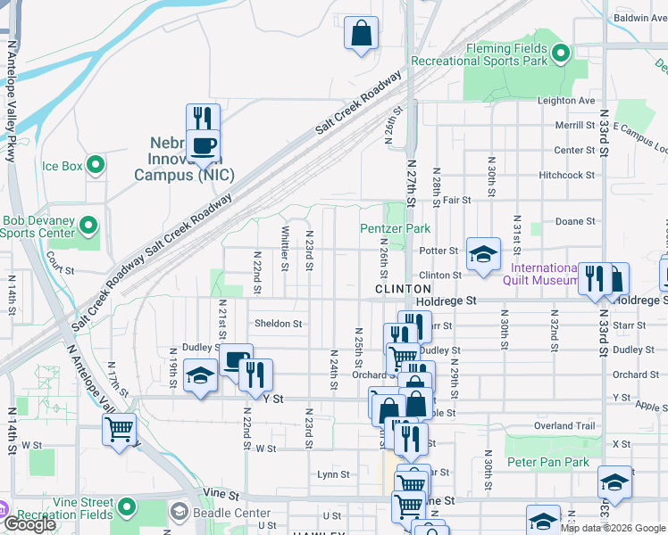 map of restaurants, bars, coffee shops, grocery stores, and more near 1611 North 24th Street in Lincoln