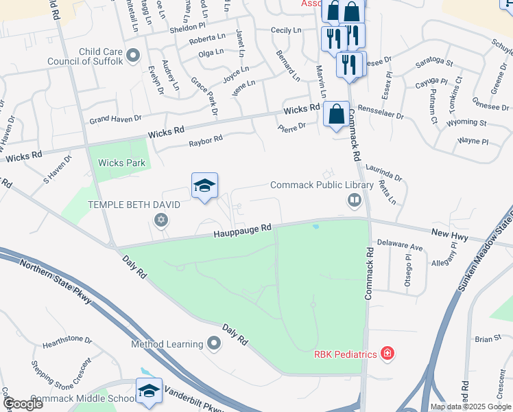 map of restaurants, bars, coffee shops, grocery stores, and more near 68 Hauppauge Road in Commack