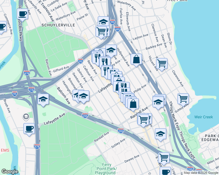 map of restaurants, bars, coffee shops, grocery stores, and more near 840 Revere Avenue in Bronx