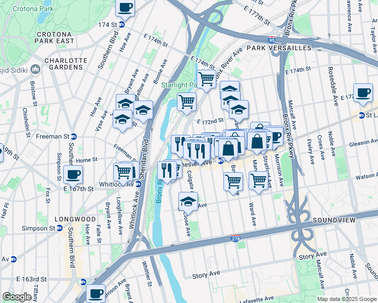 map of restaurants, bars, coffee shops, grocery stores, and more near 1457A Wchester Avenue in Bronx