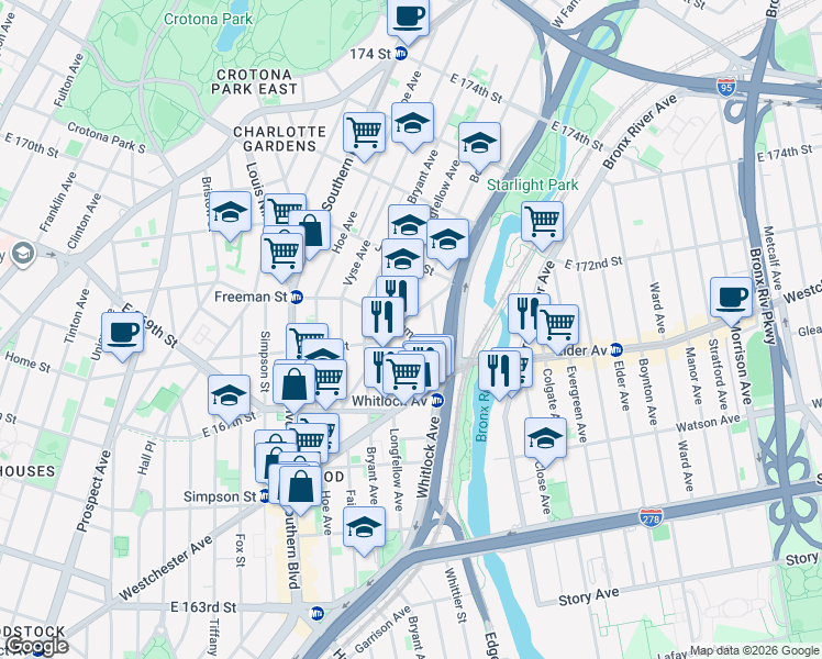 map of restaurants, bars, coffee shops, grocery stores, and more near 1028 Freeman Street in Bronx