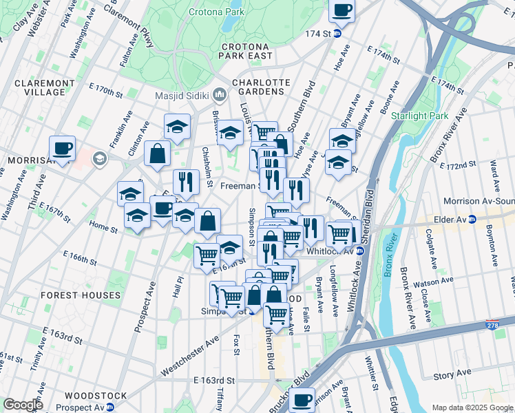 map of restaurants, bars, coffee shops, grocery stores, and more near 927 Home Street in Bronx