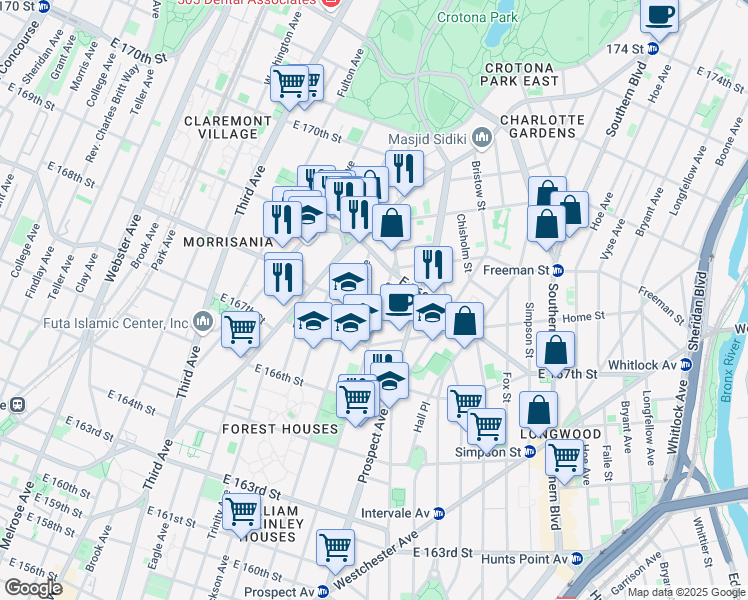 map of restaurants, bars, coffee shops, grocery stores, and more near 810 East 168th Street in Bronx