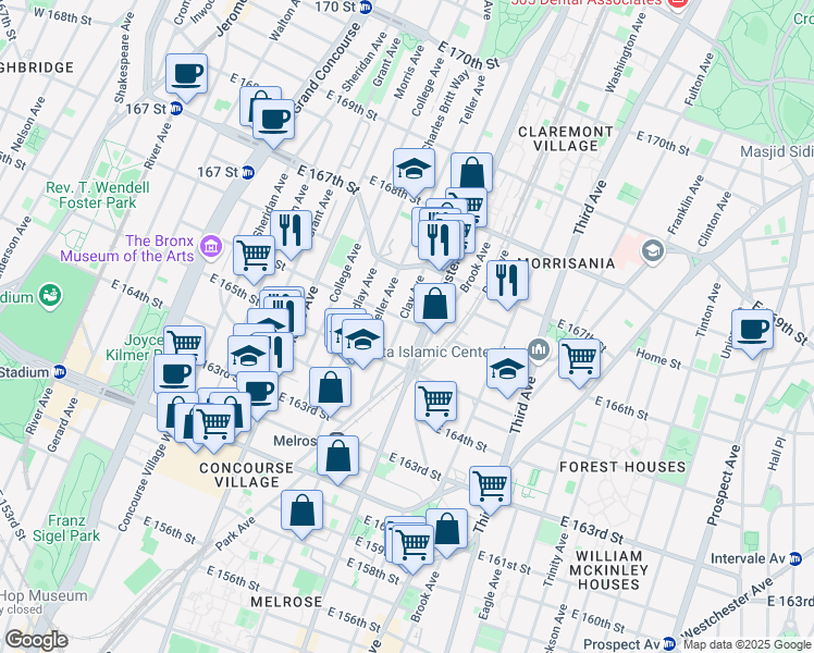 map of restaurants, bars, coffee shops, grocery stores, and more near 1048 Clay Avenue in Bronx