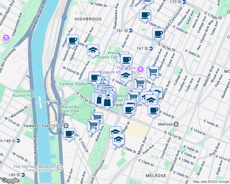 map of restaurants, bars, coffee shops, grocery stores, and more near 955 Walton Avenue in The Bronx