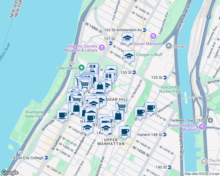 map of restaurants, bars, coffee shops, grocery stores, and more near 1811 Amsterdam Avenue in New York