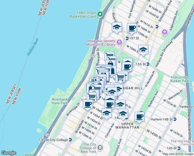 map of restaurants, bars, coffee shops, grocery stores, and more near 618 West 148th Street in New York