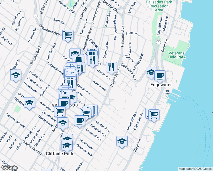 map of restaurants, bars, coffee shops, grocery stores, and more near 225 Franklin Avenue in Cliffside Park