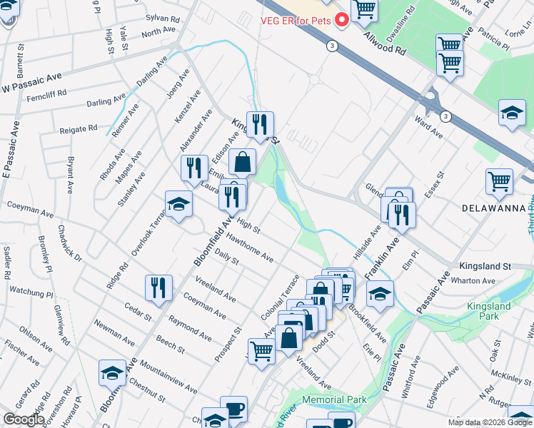 map of restaurants, bars, coffee shops, grocery stores, and more near 19 Cottage Place in Nutley