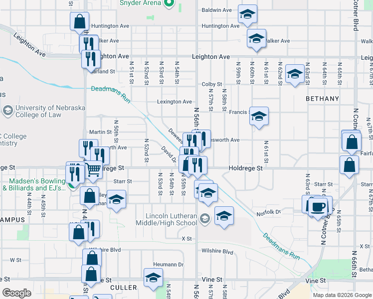 map of restaurants, bars, coffee shops, grocery stores, and more near 5500 Holdrege Street in Lincoln