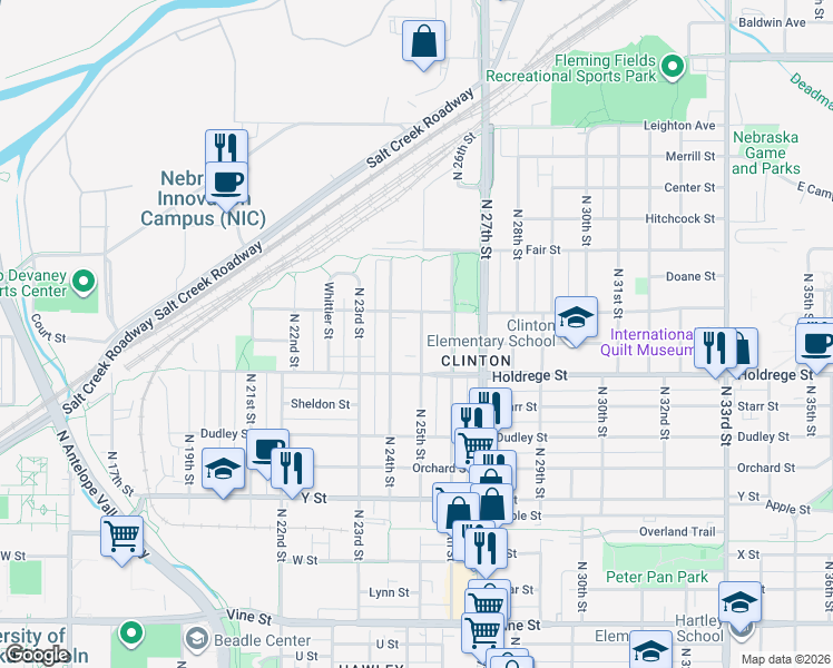 map of restaurants, bars, coffee shops, grocery stores, and more near 1520 North 24th Street in Lincoln
