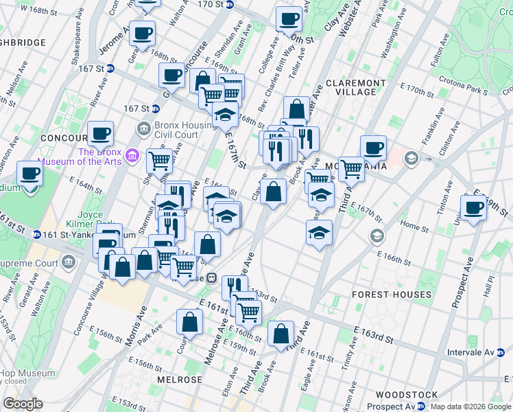 map of restaurants, bars, coffee shops, grocery stores, and more near 380 East 166th Street in Bronx