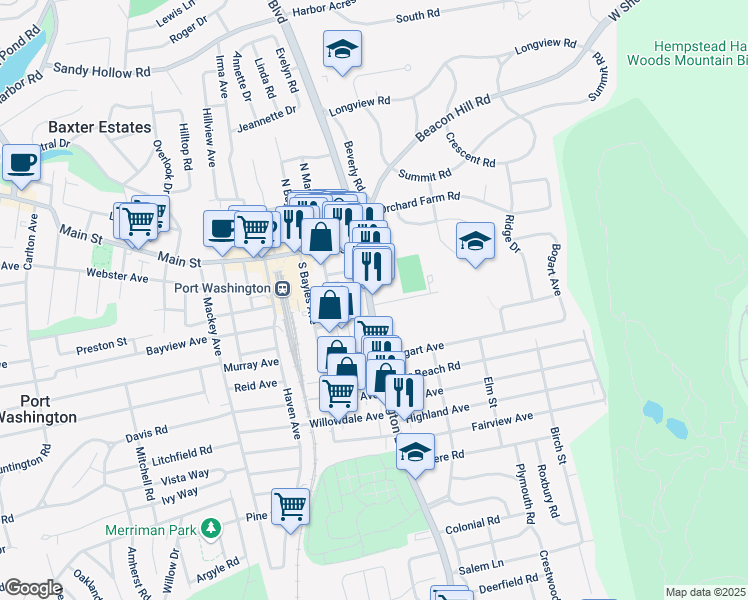 map of restaurants, bars, coffee shops, grocery stores, and more near 787 Port Washington Boulevard in Port Washington