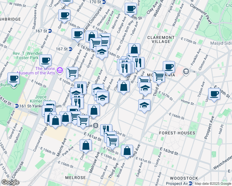 map of restaurants, bars, coffee shops, grocery stores, and more near 380 East 166th Street in Bronx