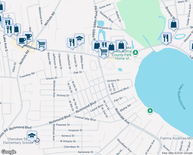 map of restaurants, bars, coffee shops, grocery stores, and more near 327 Victory Drive in Ronkonkoma