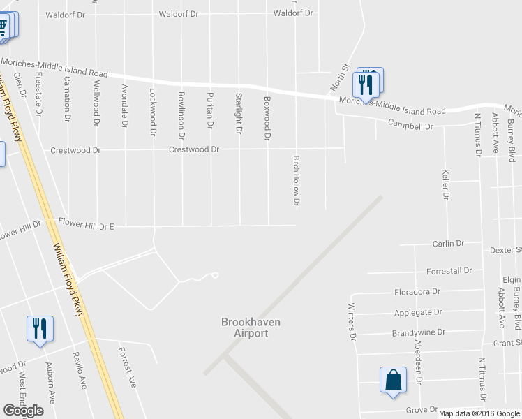 map of restaurants, bars, coffee shops, grocery stores, and more near 173 Flower Hill Drive East in Shirley