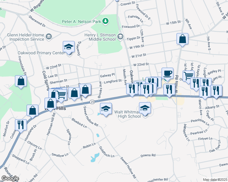 map of restaurants, bars, coffee shops, grocery stores, and more near 25 Wood Oak Lane in Huntington
