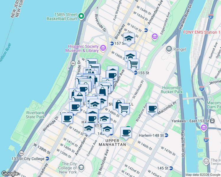map of restaurants, bars, coffee shops, grocery stores, and more near 1811 Amsterdam Avenue in New York