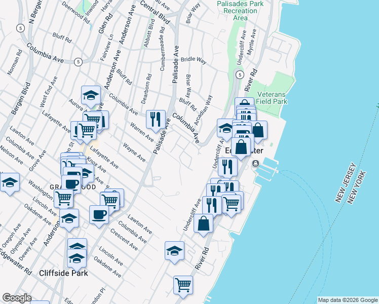 map of restaurants, bars, coffee shops, grocery stores, and more near 23 Victoria Place West in Fort Lee