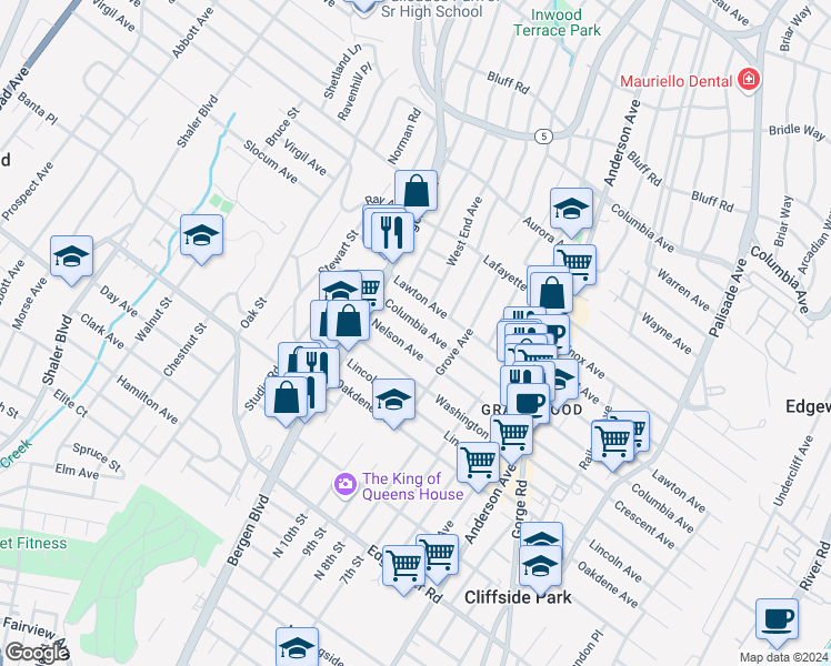 map of restaurants, bars, coffee shops, grocery stores, and more near 458 Nelson Avenue in Cliffside Park