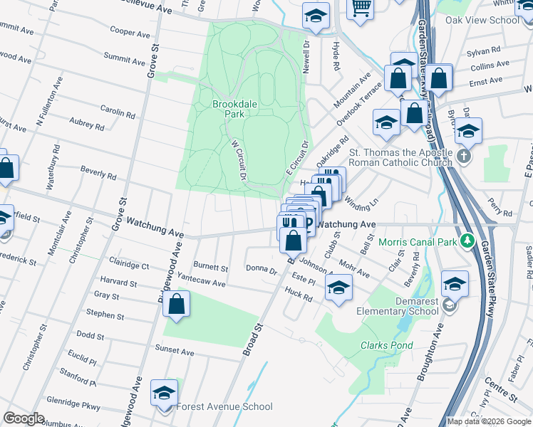 map of restaurants, bars, coffee shops, grocery stores, and more near 477 Watchung Avenue in Bloomfield