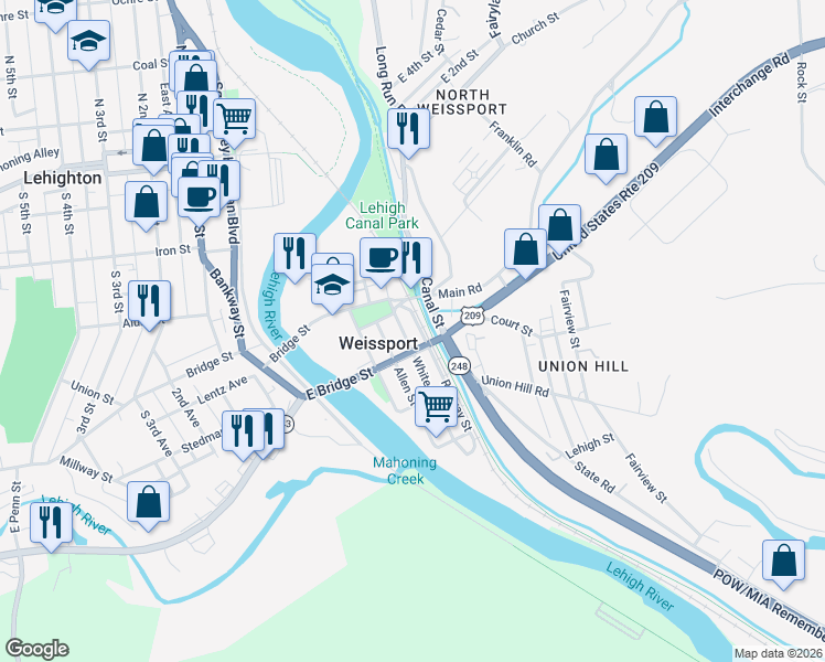 map of restaurants, bars, coffee shops, grocery stores, and more near 232 White Street in Weissport